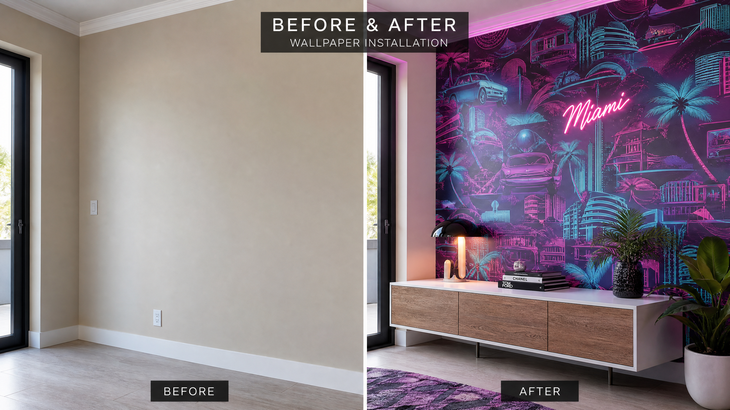 Before and after wallpaper installation